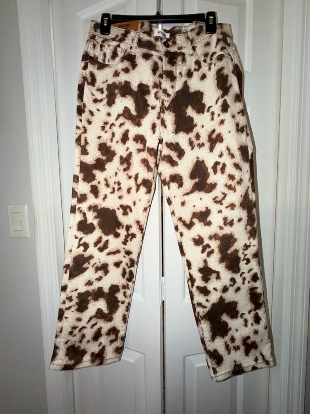 Kensie (Ella) Cow Print Straight Leg Pants - Brown & Cream